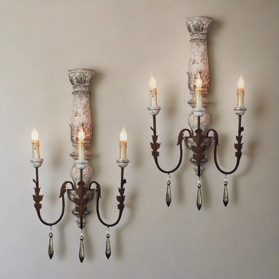 Cecille Hand Carved Silver Grey Wood Sconces, Set of 2
