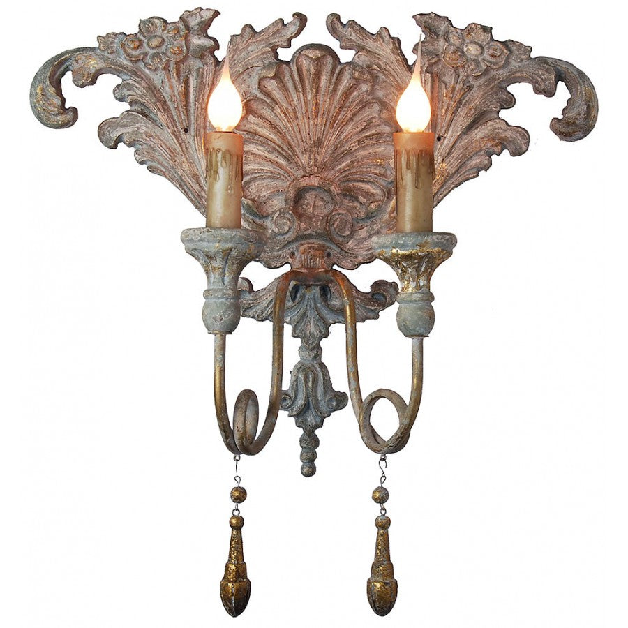 Cervantes Hand Carved Blue Gold Wood Sconce Lights, Set of 2