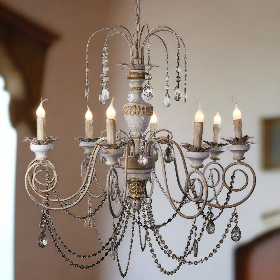 Antique Style Hand Carved Wood & Crystal Chandelier,chandelier,Adley & Company Inc.