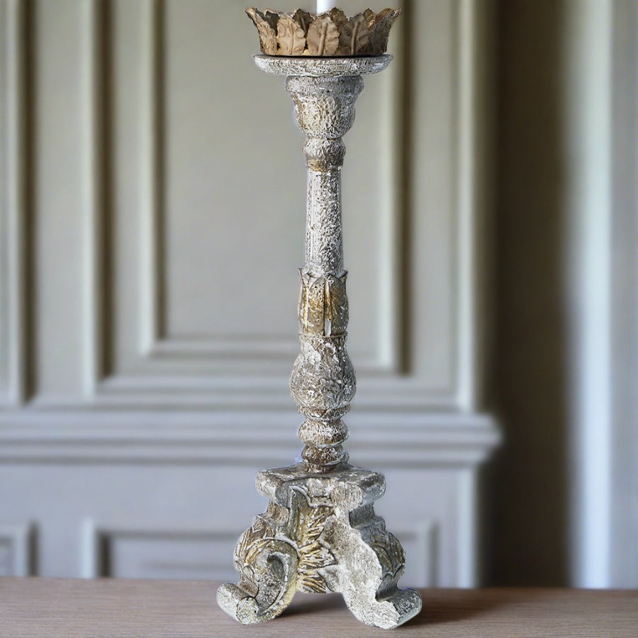 Grey and Gold Hand Carved Wooden Candle Holder