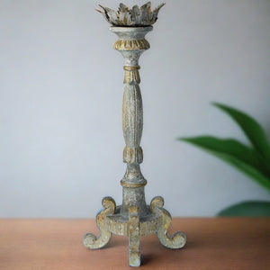 Hand Carved Wood Candle Holder in Blue, Grey & Gold,candle holder,Adley & Company Inc.