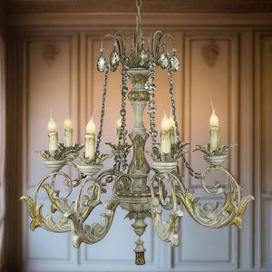 Frederick Hand Carved Wood and Crystal Chandelier