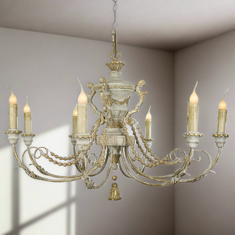 Carved Wood Chandelier in Grey and Gold
