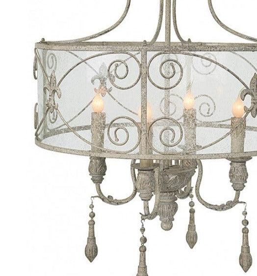 Seeded Glass, Grey Metal & Wood Chandelier