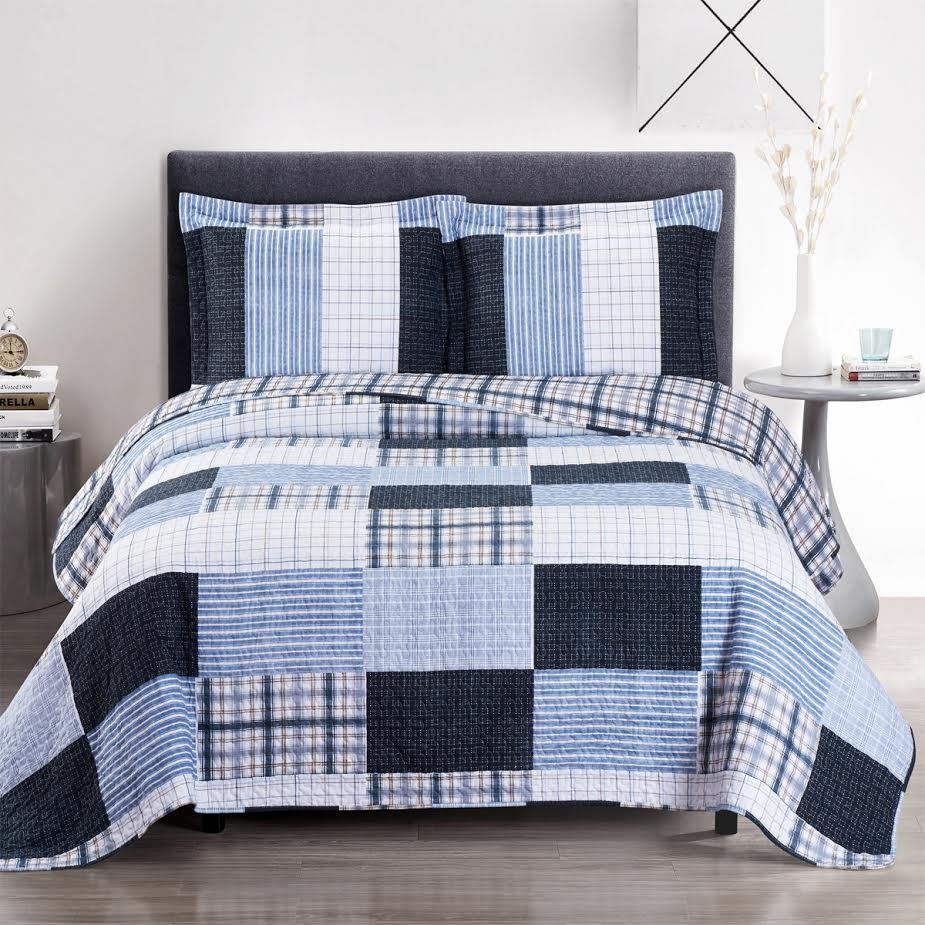 Blue Patchwork Boho Quilted Bedspread Set,quilt,Adley & Company Inc.