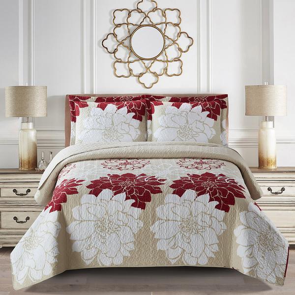 Red and White Helena Floral Bedspread Set