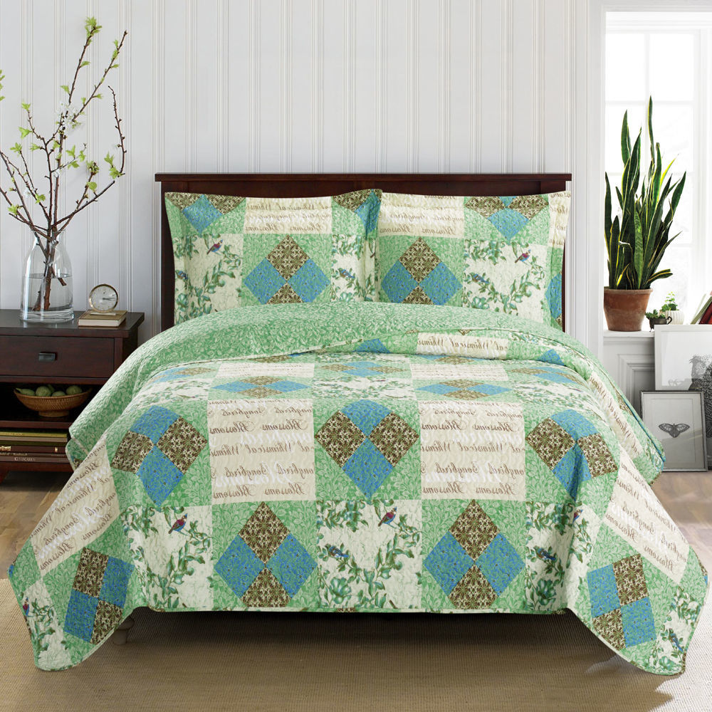 Quilted Green & Blue Floral Bedspread Set,bedspread,Adley & Company Inc.