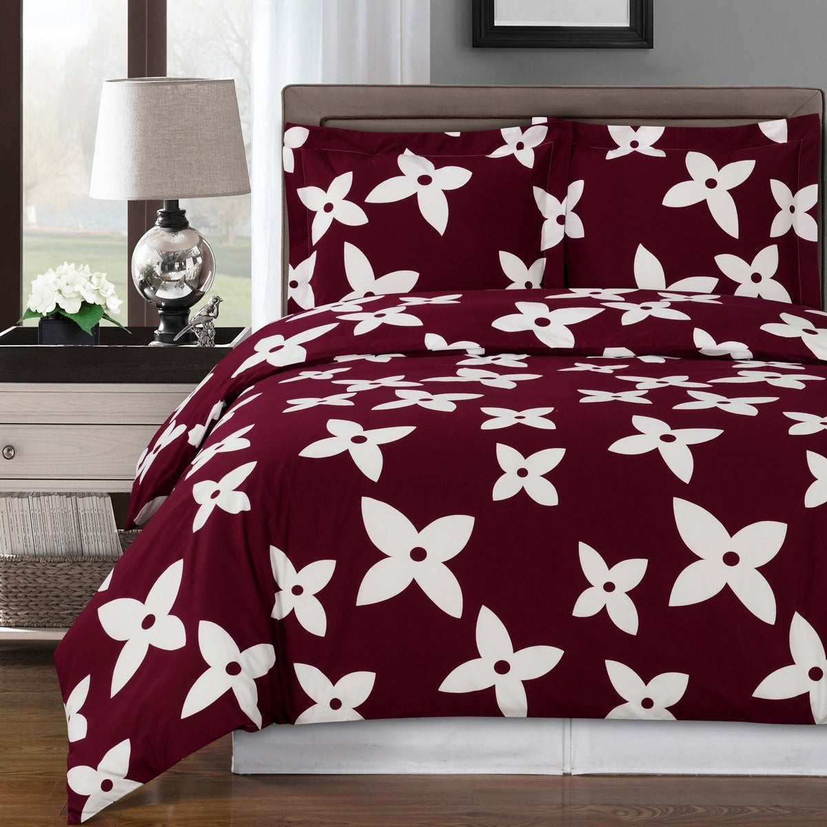 Burgundy Red & White Floral Duvet Cover Set,bedding set,Adley & Company Inc.