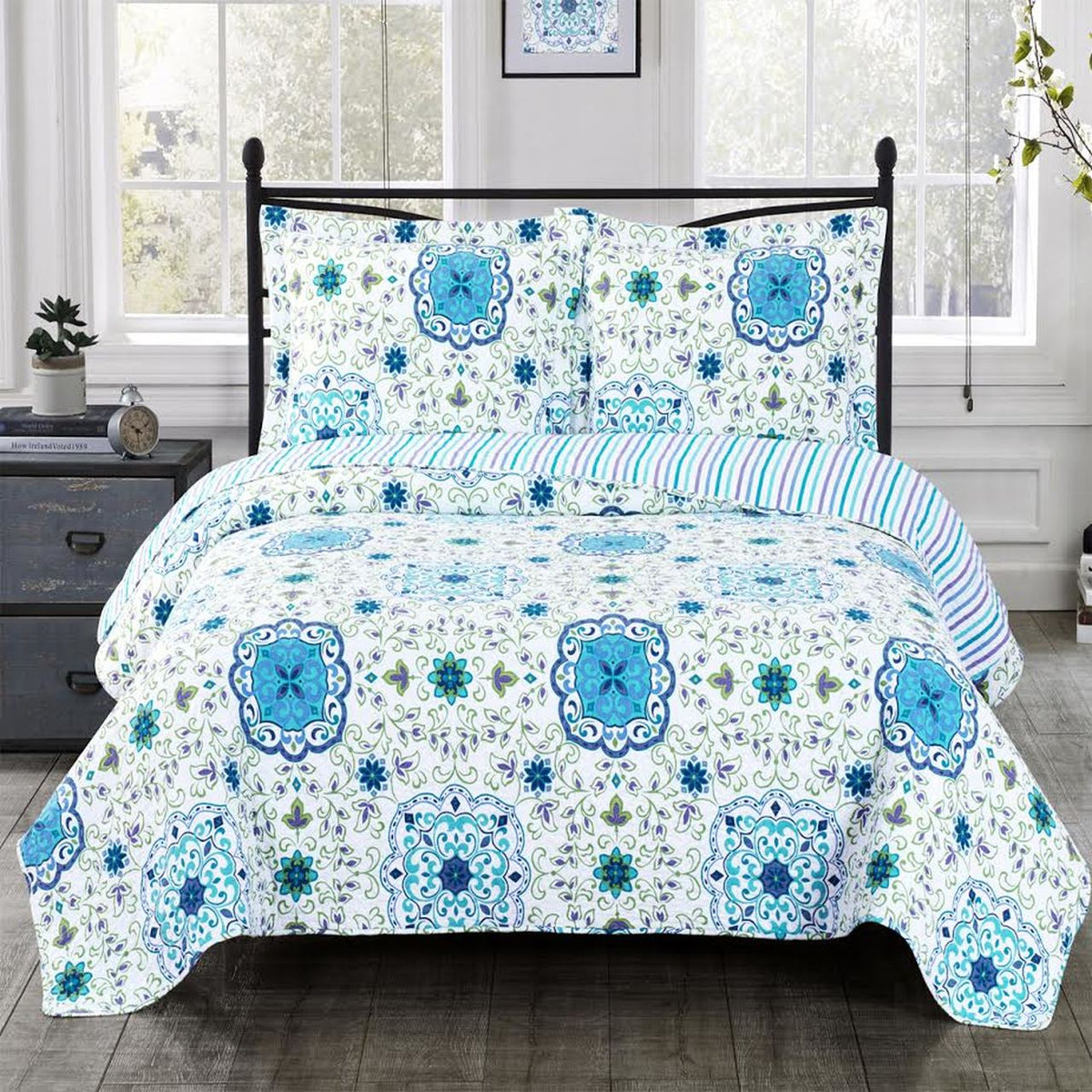 Blue and White Reversible Coverlet Set