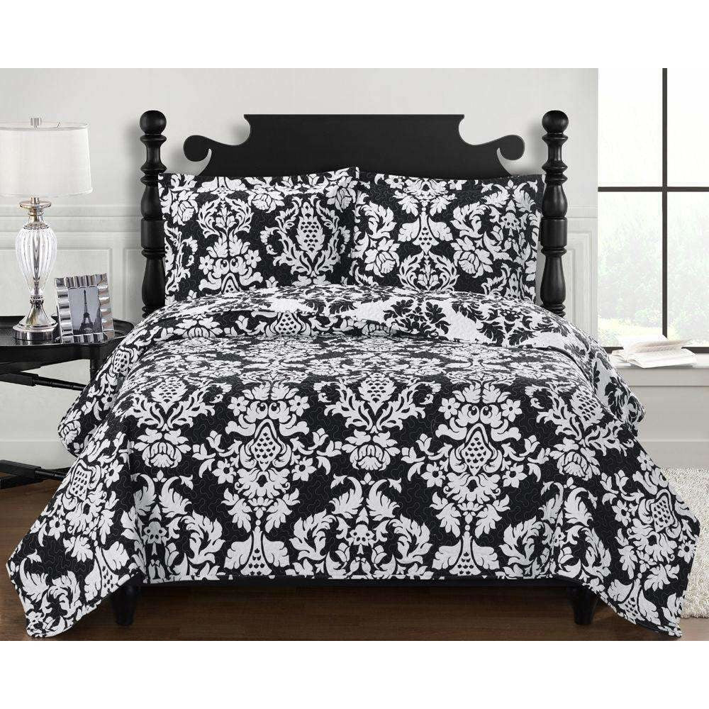 Black & White Damask Quilted Bedspread,bedspread,Adley & Company Inc.