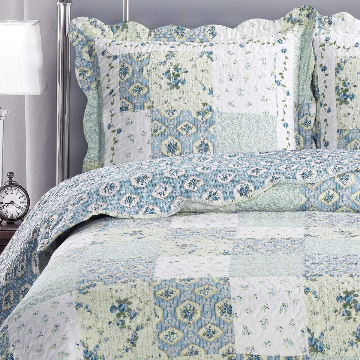 Quilted Green & Blue Floral Bedspread Set,bedspread,Adley & Company Inc.