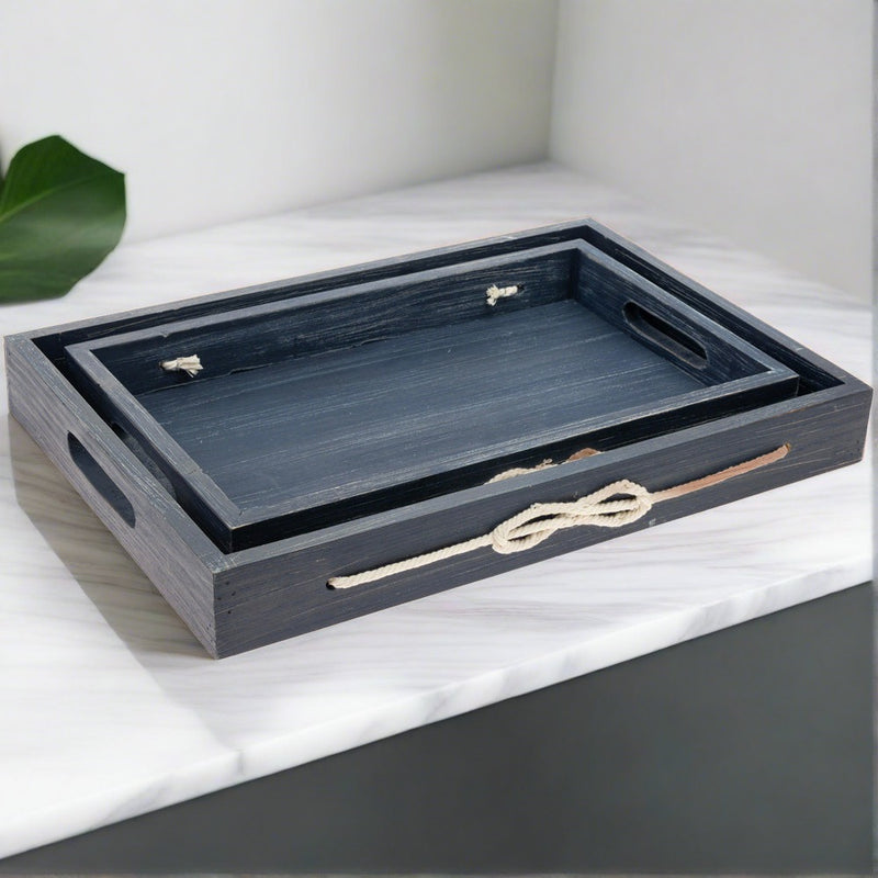 Set of 2 Navy Blue Wood Trays