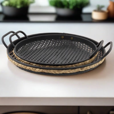 Decorative Perforated Round Metal Trays with Raffia Trim