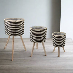 3 Piece Round Bamboo Basket Plant Stand Set