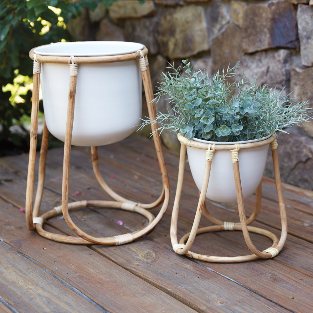 Set of Two Rattan Plant Stands with Pot