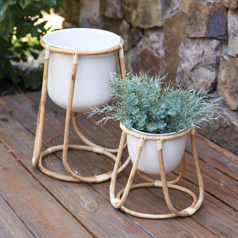 Set of Two Rattan Plant Stands with Pot