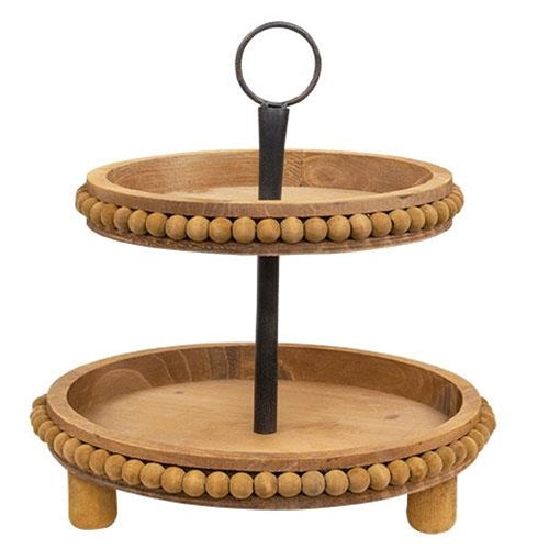 Natural Boho Wood Beaded Two-Tiered Tray