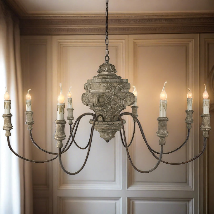 Hand Carved Solid Wood Chandelier, 8 Arms