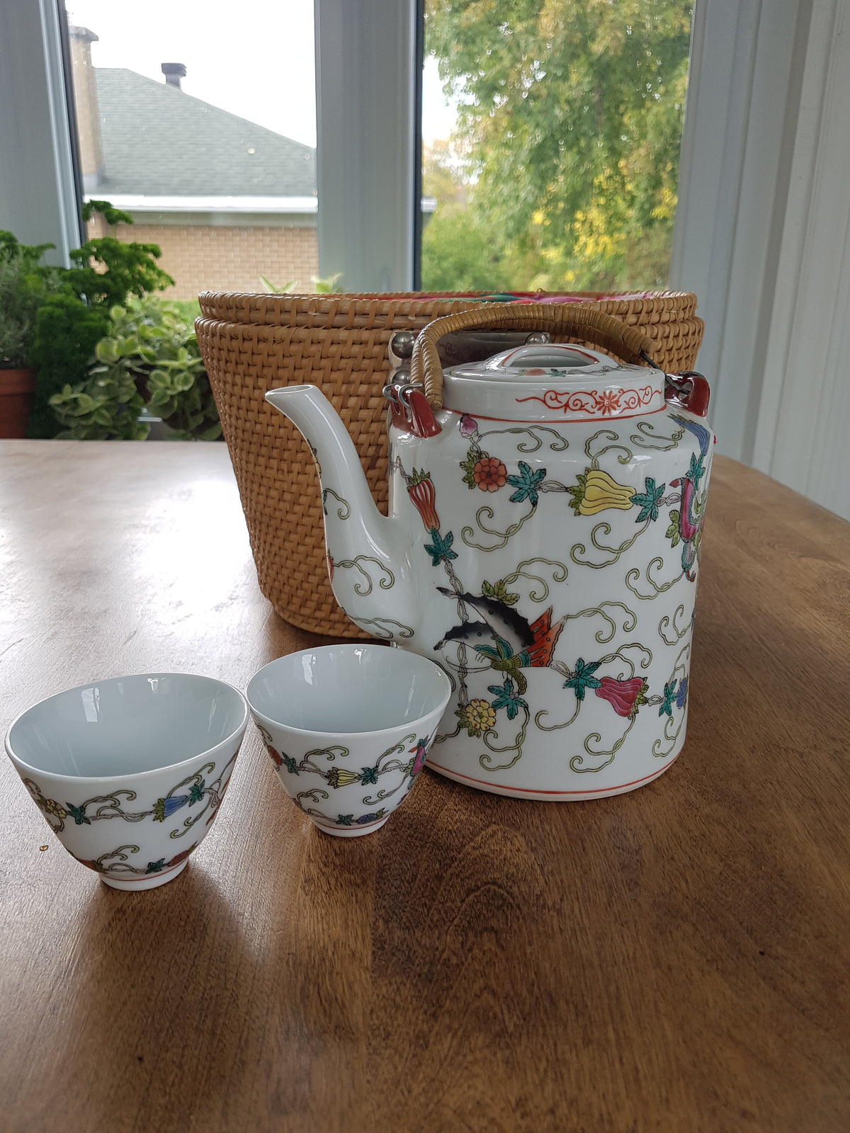Vintage Porcelain Teapot with Basket Travel Caddy - Adley & Company Inc. 
